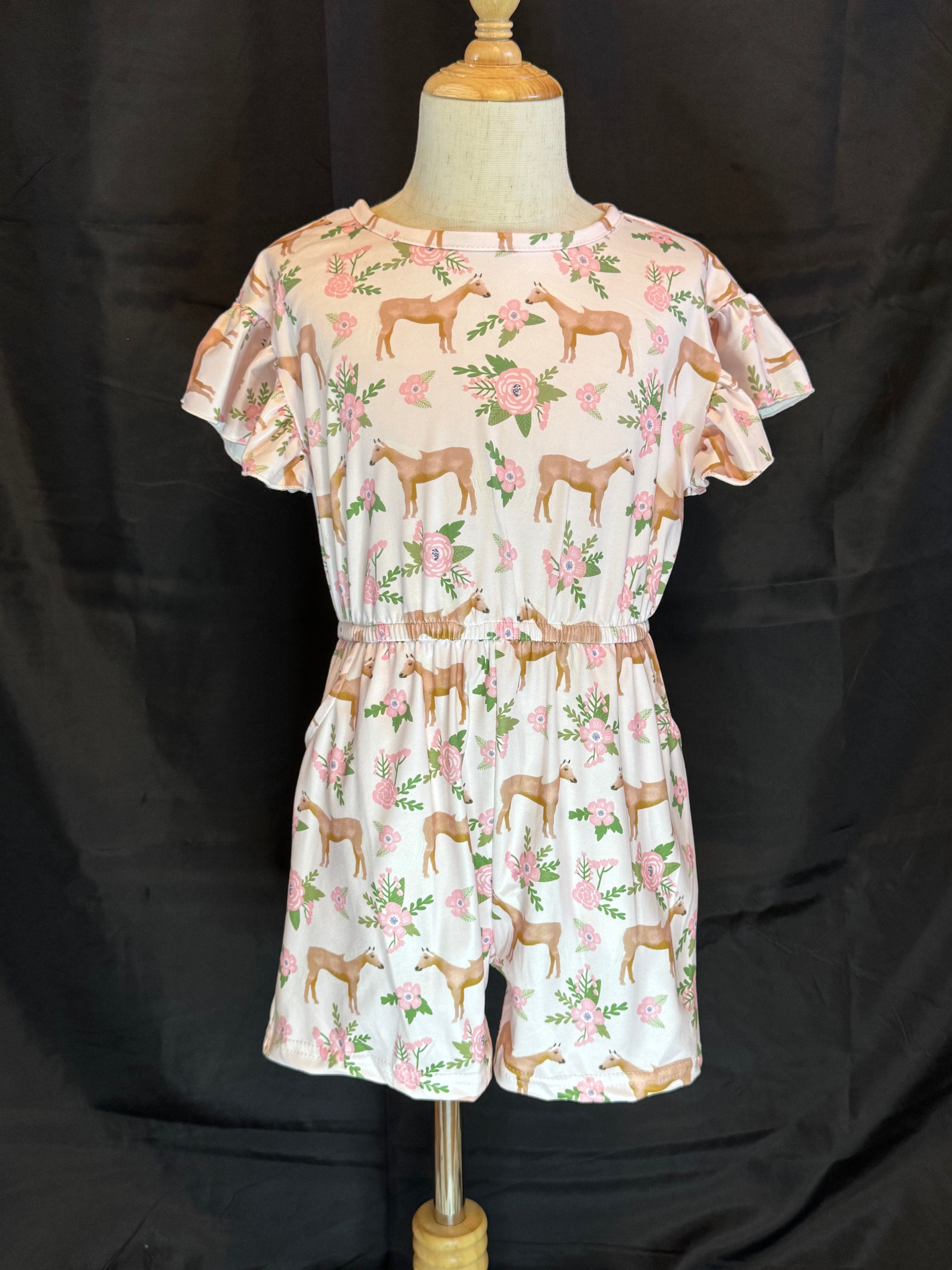 Kids Pink Horse Flutter Sleeve Pocket Spring Shortie Set