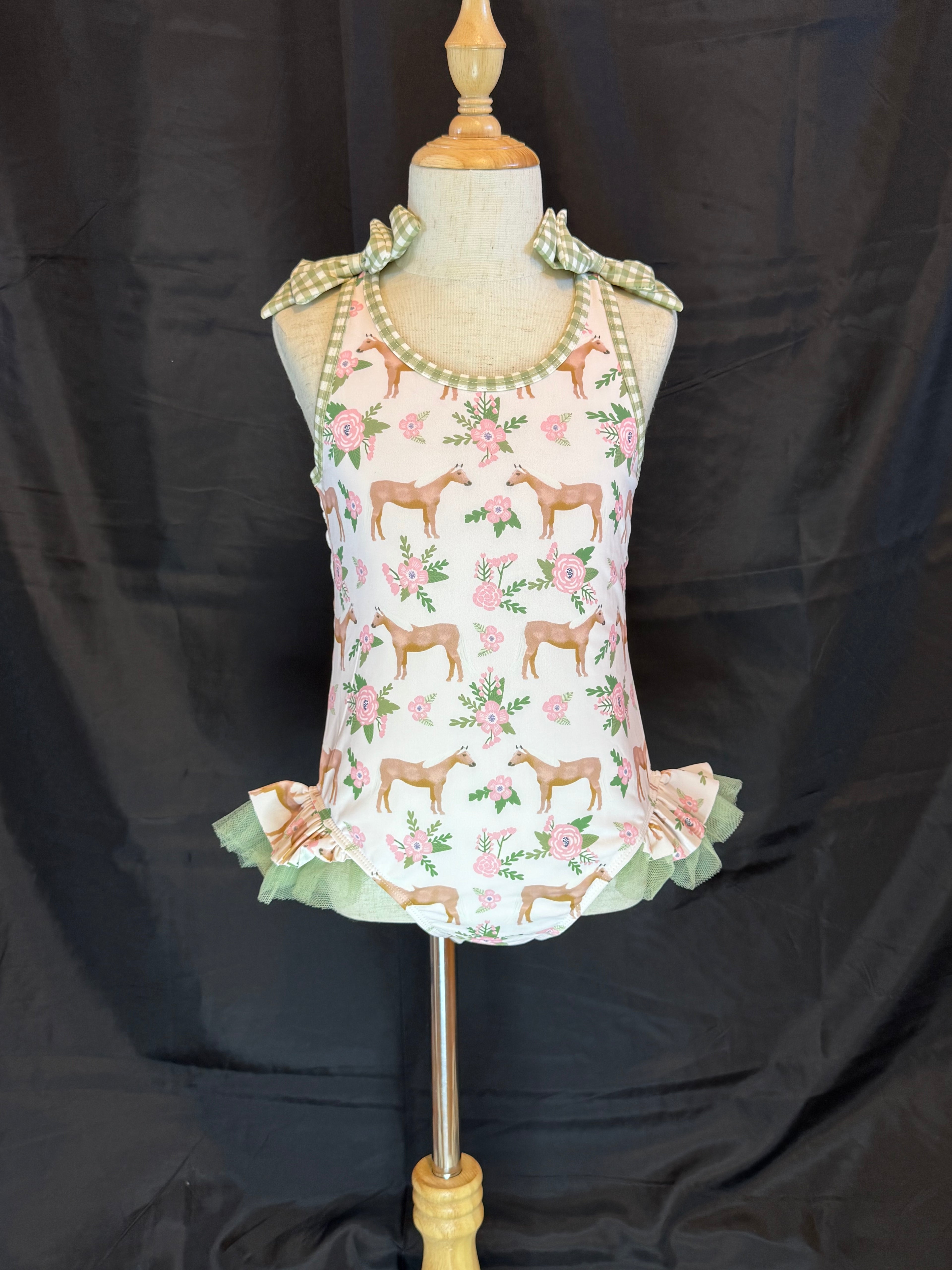 Kids Pink Horse Ruffles & Bows Cross Back One piece swimsuit