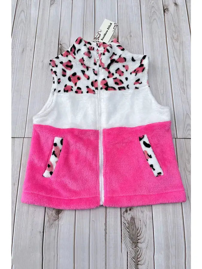 Leopard & White & Pink Fleece Sleeveless Girls Vest