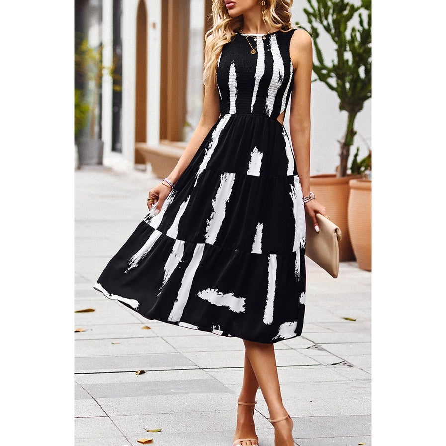 Floral Print Cut Out Ruched Fit Sleeveless Ruffle Dress